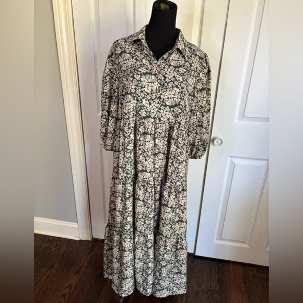 First Love green Puff Sleeve Midi Sundress